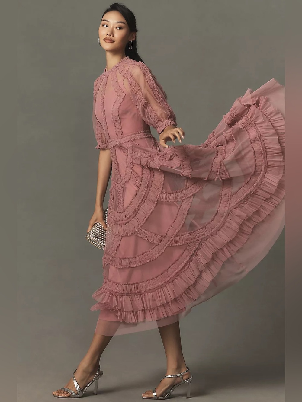 Mac Duggal High Neck A-Line Ruffle Midi Dress Antique Rose Pink Size 22 #8058 - Picture 2 of 9